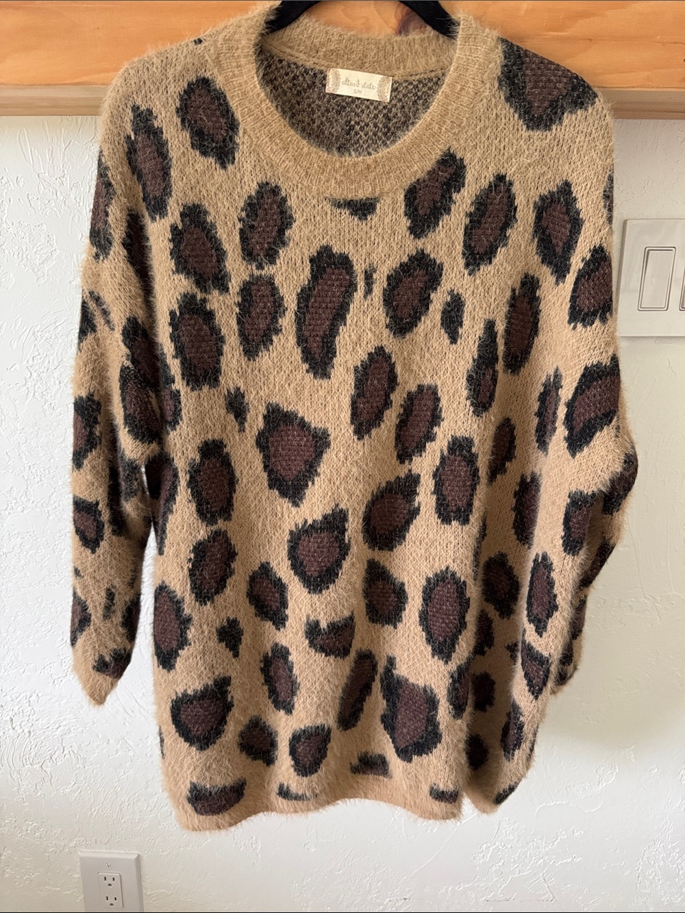 Altar'd State Fuzzy Leopard Crewneck Sweater in Tan and Brown